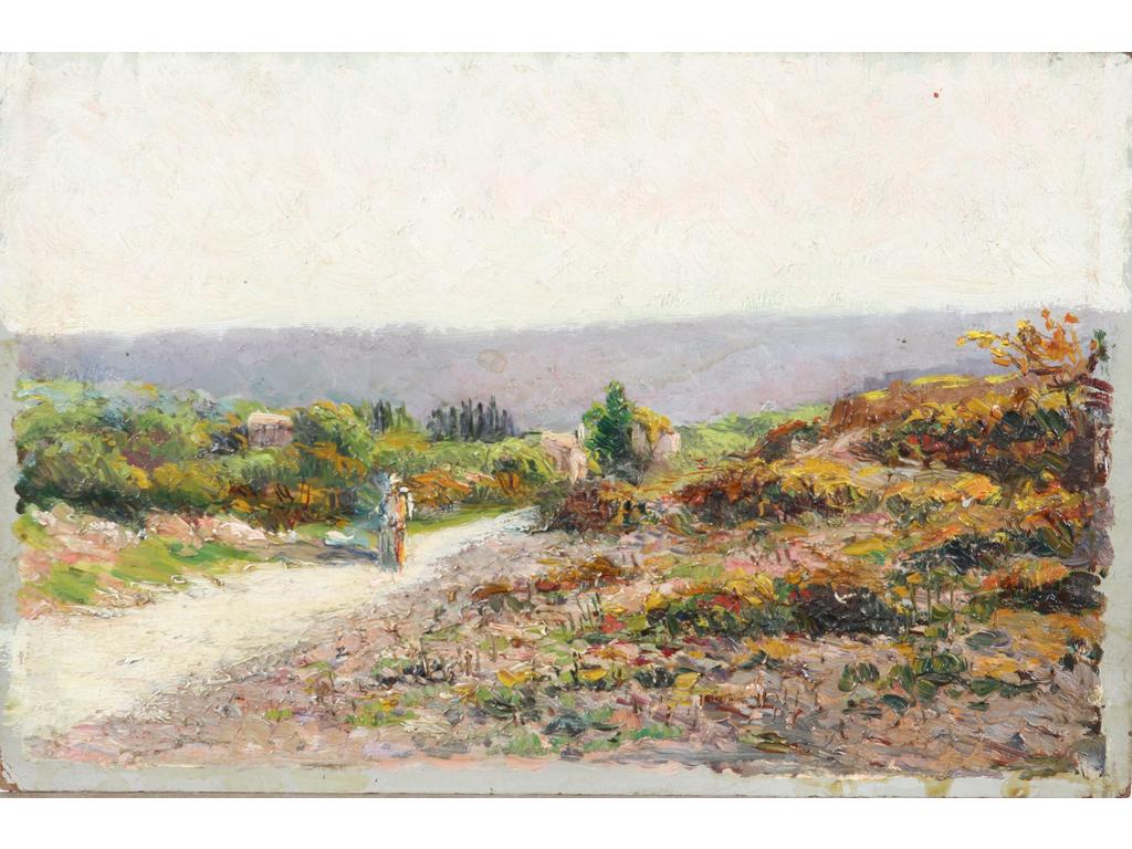 (Attribué à) Charles VIONNET (1858-1923) : Balade. Petite huile sur carton. (Non encadrée, non signée). Dim : 16 x 24 cm.