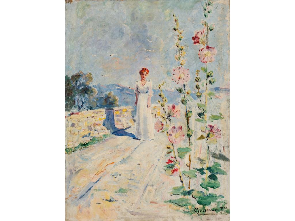 Joseph MEISSONIER (1864-1943) : Les roses trémières. Huile sur toile signée en bas à droite. (Sans cadre). Dim : 65 x 48 cm.