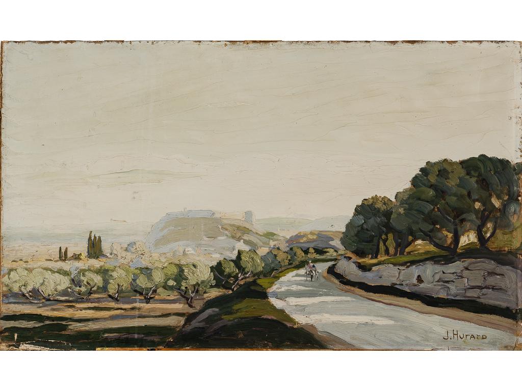 Joseph HURARD (1896-1956) : Paysage à Villeneuve les Avignon. Huile sur carton signée en bas à droite. (Sans cadre et accidents sur le pourtour et tâches). Dim : 45.5 x 76.5 cm.