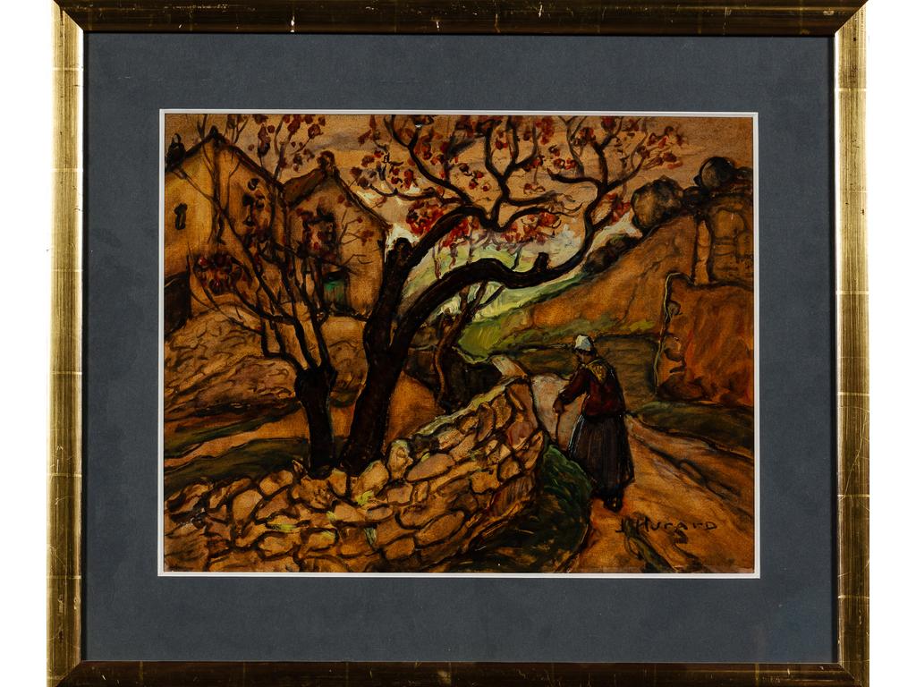 Joseph HURARD (1896-1956) : Femme sur le chemin, longeant un muret. Huile sur papier signée en bas à droite. Dim : 40 x 51.5 cm.