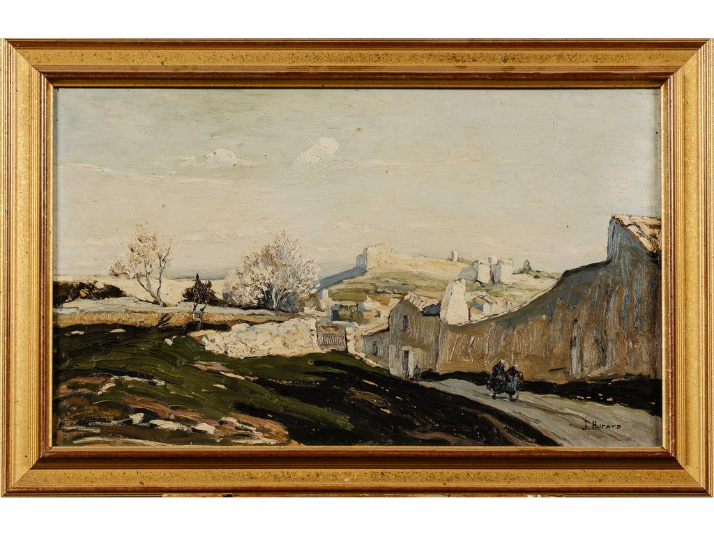 Joseph HURARD (1896-1956) : Chemin des chartreux, vue sur le Fort Saint André. Huile sur carton, signée en bas à droite. (Petits éclats). Dim : 46 x 76 cm.
