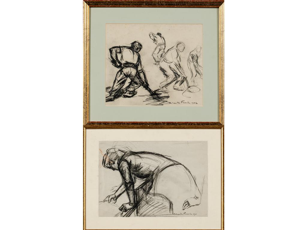 Claude FIRMIN (1864-1944) : Travail de la terre et Lavandière. Deux études au fusain signées et datées respectivement 1902 et 1911. (Pliure sur papier de la Lavandière). Dim : 23 x 27 cm et 23 x 34 cm
