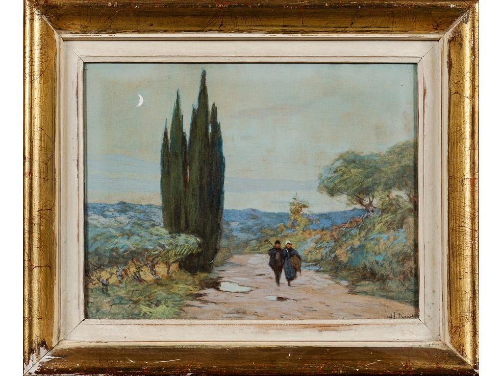 Hyacinthe ROYET : Couple sur un chemin. Pastel, signé en bas à droite. Dimensions : 26 x 34 cm