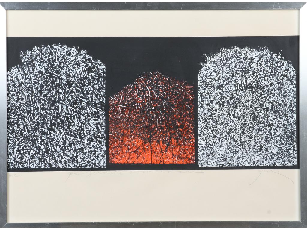 Mario PRASSINOS (1916-1985) : Composition. Lithographie signée en bas à droite. Epreuve hors commerce, dédicacée. Dim feuille : 54 x 75 cm.