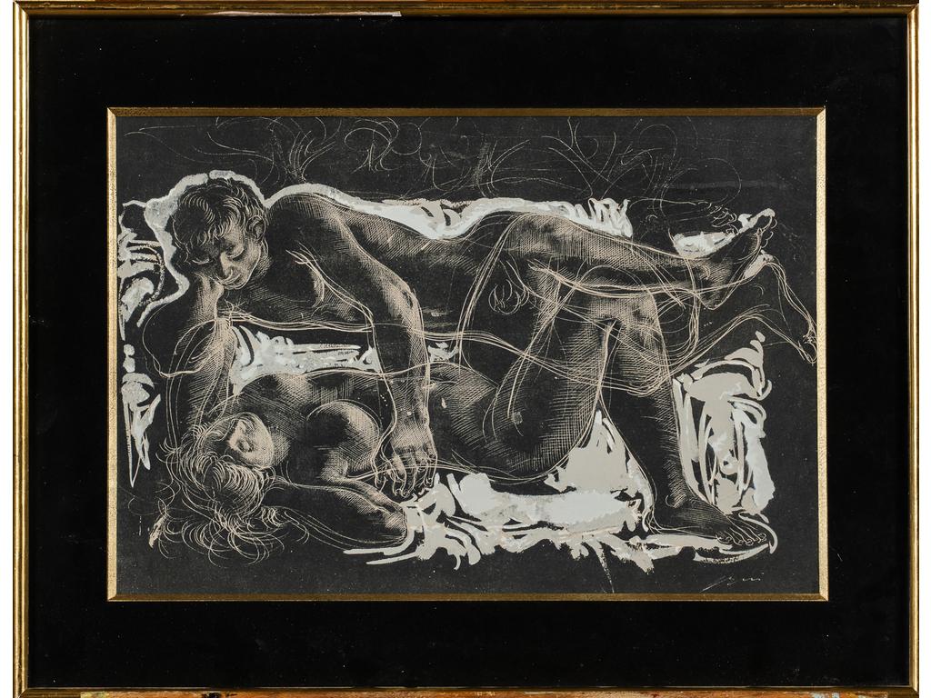 Hans ERNI (1909-2015) : Le couple. Lithographie sur papier noir. Signée en bas à droite dans la planche. Dim : 29 x 43 cm.