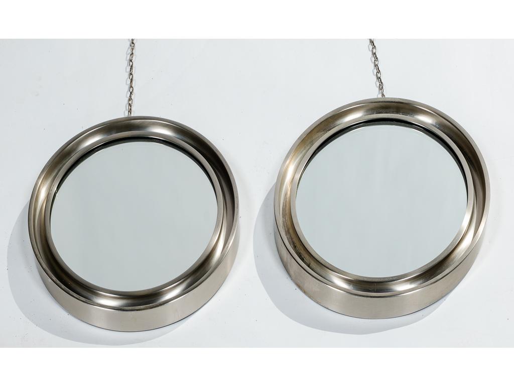 Sergio MAZZA - édité par Artemide : Paire de miroirs circulaires en métal brossé. Diamètre : 42 cm