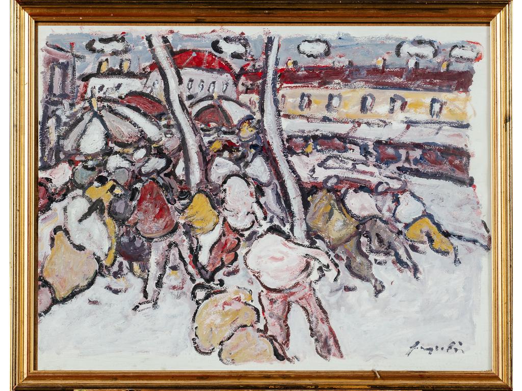 Joseph FRANCELI (1938) : Rue animée, temps de pluie. Huile sur papier signée en bas  à droite. Dim : 50 x 65 cm.