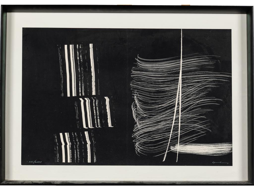 Hans HARTUNG (1904-1989) : Farandole. Lithographie numérotée 21/75, signée en bas à droite. (Sans marges, feuille pliée au milieu). Dim : 49 x 74 cm.