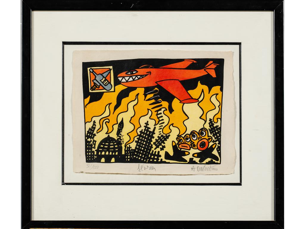 Hervé DI ROSA (1959) : Le bombardier. Lithographie signée en bas à droite, datée 2000 et numérotée 32/1000. Dim. de la feuille : 24 x 31 cm.