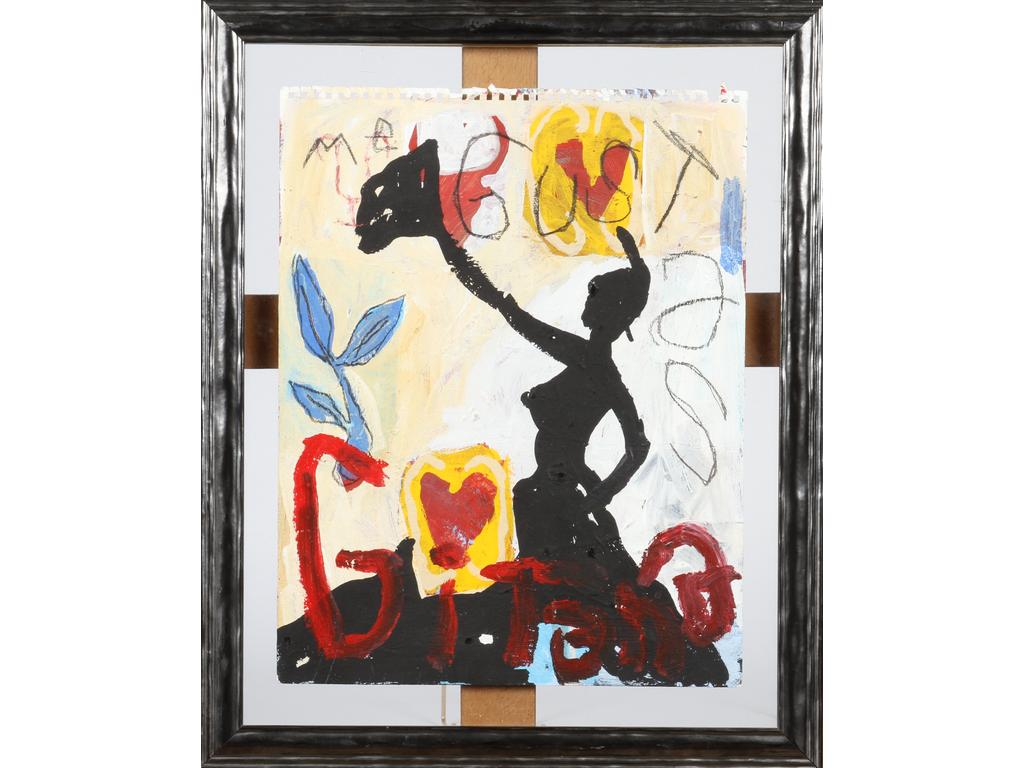 Vincent ALRAN (1964) : Me Gusta. Acrylique sur papier à spirale signée au dos et datée (19)98. Dim : 41 x 32 cm. (vitre de l'encadrement cassée).
