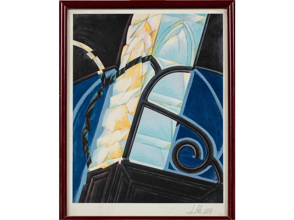Jacques POLI (1938-2002) : Vitrail. Petite lithographie signée en bas à droite et datée 1984. Dim : 28 x 22 cm.
