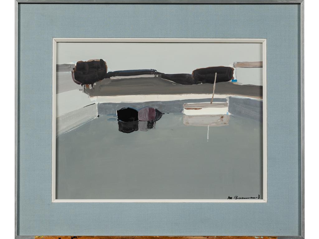 Michel BONNAUD (1934-2008) : Les barques. Gouache signée en bas à droite. Dim : 32 x 42 cm.