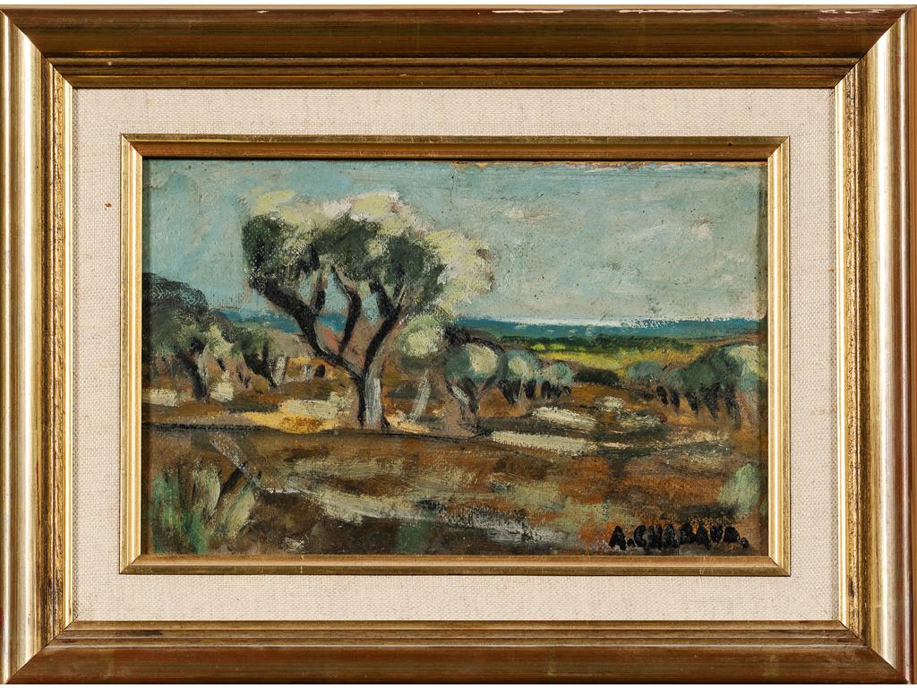 Auguste CHABAUD (1882-1955) : Champ d'oliviers. Huile sur papier marouflé signée en bas à droite. Avec étiquette de l'atelier au dos. Circa 1935 et n° 2405. Dim : 15 x 24 cm.