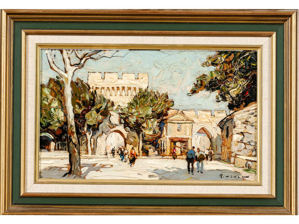 Gustave VIDAL (1895-1966) : La porte Saint-Lazare à Avignon. Huile sur carton signée en bas à droite. Dim : 22 x 36 cm.