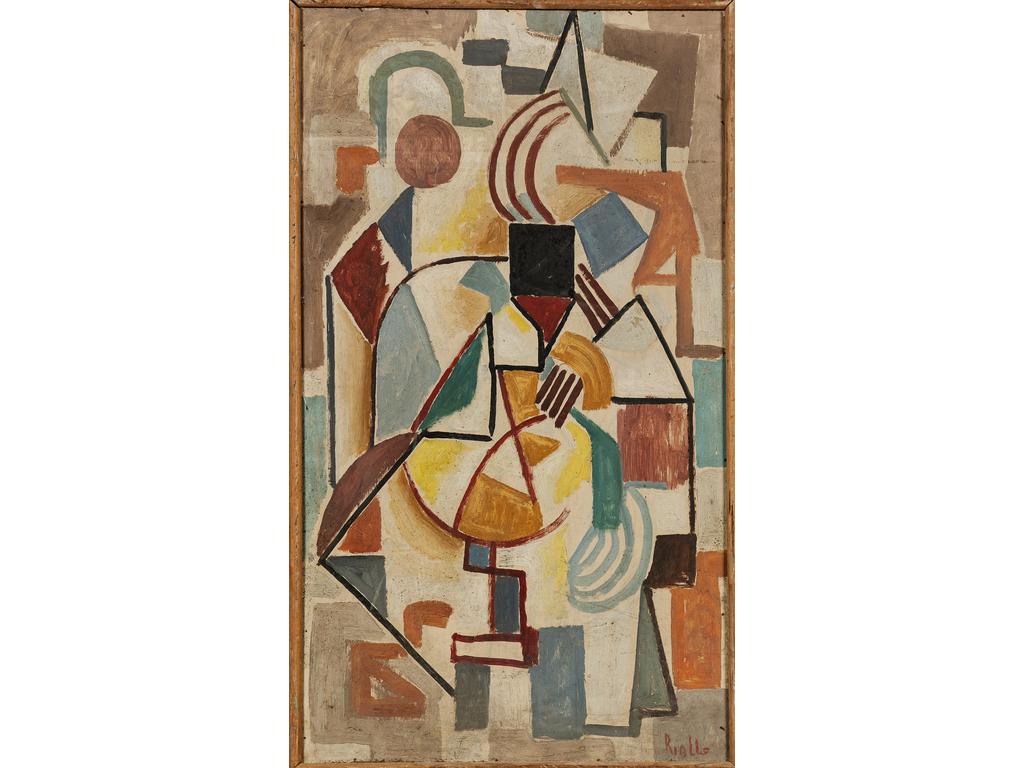 André RIALLE (1924-2005) : Abstraction, inspirée d'Albert GLEIZE. Huile sur isorel signée en bas à droite. Dim : 75 x 42.5 cm. Né à La Voulte sur Rhône en 1924, André Rialle a presque toujours vécu à Avignon. Elève des Beaux-Arts de cette ville de 1934 à 1942, il devient ouvrier artisan, mais se passionne toujours pour la peinture. Il fait parti du groupe du Candelié. Influencé par Albert Gleize, son style très figuratif au début, évolue vers le cubisme et l'abstraction que l'on retrouve dans ces dernières toiles. A la fin, il développe une esthétique très décorative aux couleurs vives et acidulées. Il meurt à Avignon en 2005.