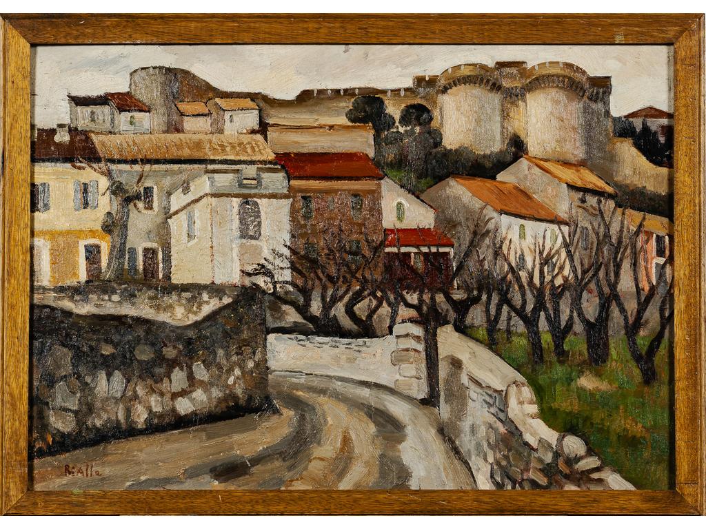 André RIALLE (1924-2005) : Vue sur le fort Saint-André. Huile sur isorel signée en bas à gauche. Dim : 50 x 72 cm. Né à La Voulte sur Rhône en 1924, André Rialle a presque toujours vécu à Avignon. Elève des Beaux-Arts de cette ville de 1934 à 1942, il devient ouvrier artisan, mais se passionne toujours pour la peinture. Il fait parti du groupe du Candelié. Influencé par Albert Gleize, son style très figuratif au début, évolue vers le cubisme et l'abstraction que l'on retrouve dans ces dernières toiles. A la fin, il développe une esthétique très décorative aux couleurs vives et acidulées. Il meurt à Avignon en 2005.