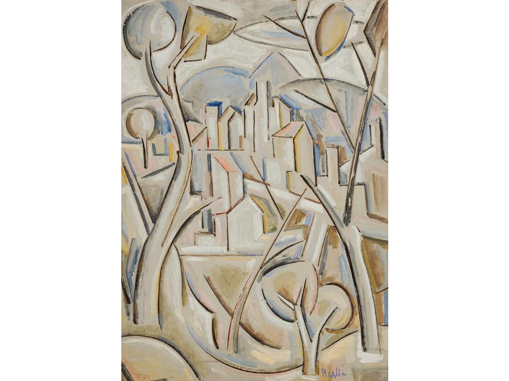 André RIALLE (1924-2005) : Le village. Huile sur isorel signée en  bas à droite. (Sans cadre). Dim : 75 x 53 cm. Né à La Voulte sur Rhône en 1924, André Rialle a presque toujours vécu à Avignon. Elève des Beaux-Arts de cette ville de 1934 à 1942, il devient ouvrier artisan, mais se passionne toujours pour la peinture. Il fait parti du groupe du Candelié. Influencé par Albert Gleize, son style très figuratif au début, évolue vers le cubisme et l'abstraction que l'on retrouve dans ces dernières toiles. A la fin, il développe une esthétique très décorative aux couleurs vives et acidulées. Il meurt à Avignon en 2005.