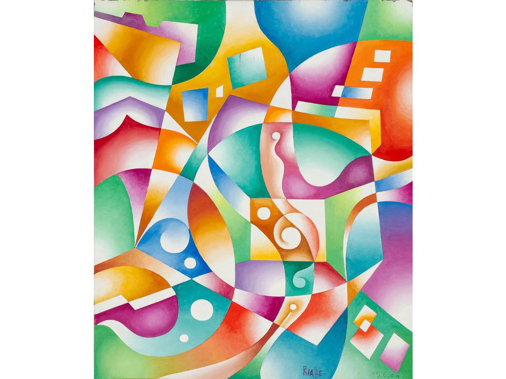 André RIALLE (1924-2005) : Composition colorée. Acrylique sur toile signée en bas à droite et datée 19/05/2001.  (Sans cadre). Dim : 65 x 54 cm. Né à La Voulte sur Rhône en 1924, André Rialle a presque toujours vécu à Avignon. Elève des Beaux-Arts de cette ville de 1934 à 1942, il devient ouvrier artisan, mais se passionne toujours pour la peinture. Il fait parti du groupe du Candelié. Influencé par Albert Gleize, son style très figuratif au début, évolue vers le cubisme et l'abstraction que l'on retrouve dans ces dernières toiles. A la fin, il développe une esthétique très décorative aux couleurs vives et acidulées. Il meurt à Avignon en 2005.