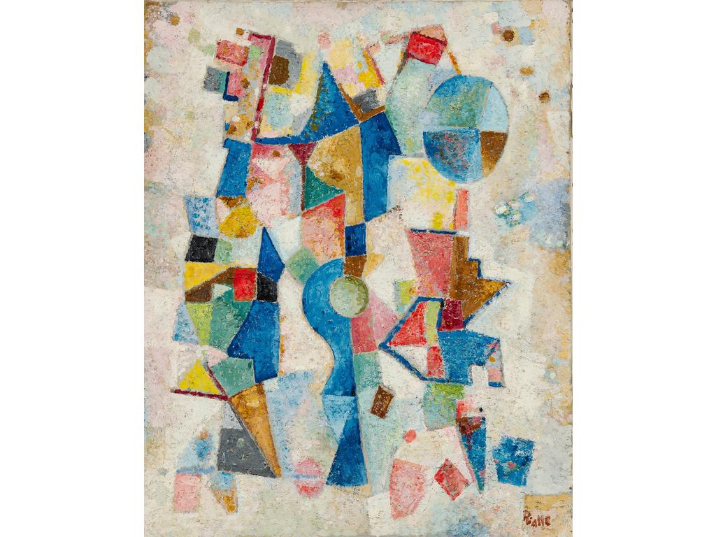 André RIALLE (1924-2005) : Composition abstraite. Huile sur toile signée en bas à droite. (Sans cadre). Dim : 81 x 64 cm. Né à La Voulte sur Rhône en 1924, André Rialle a presque toujours vécu à Avignon. Elève des Beaux-Arts de cette ville de 1934 à 1942, il devient ouvrier artisan, mais se passionne toujours pour la peinture. Il fait parti du groupe du Candelié. Influencé par Albert Gleize, son style très figuratif au début, évolue vers le cubisme et l'abstraction que l'on retrouve dans ces dernières toiles. A la fin, il développe une esthétique très décorative aux couleurs vives et acidulées. Il meurt à Avignon en 2005.