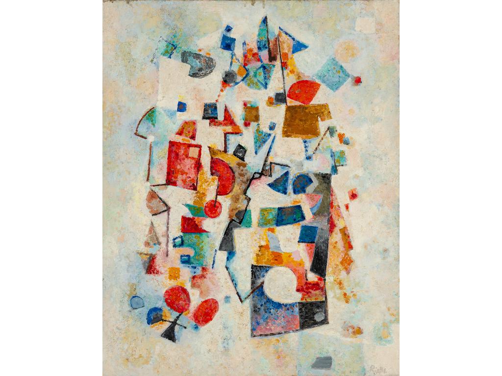André RIALLE (1924-2005) : Composition cubisante. Huile sur toile signée en bas à droite. (Sans cadre). Dim : 92 x 73 cm. Né à La Voulte sur Rhône en 1924, André Rialle a presque toujours vécu à Avignon. Elève des Beaux-Arts de cette ville de 1934 à 1942, il devient ouvrier artisan, mais se passionne toujours pour la peinture. Il fait parti du groupe du Candelié. Influencé par Albert Gleize, son style très figuratif au début, évolue vers le cubisme et l'abstraction que l'on retrouve dans ces dernières toiles. A la fin, il développe une esthétique très décorative aux couleurs vives et acidulées. Il meurt à Avignon en 2005.