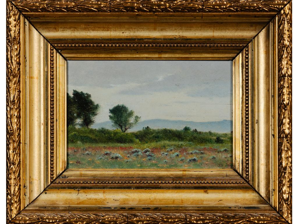 Edouard ATHENOSY (1859-1934) :  Paysage. Petite huile sur panneau signée en bas à droite. Dim : 11.5 x 16.5 cm.