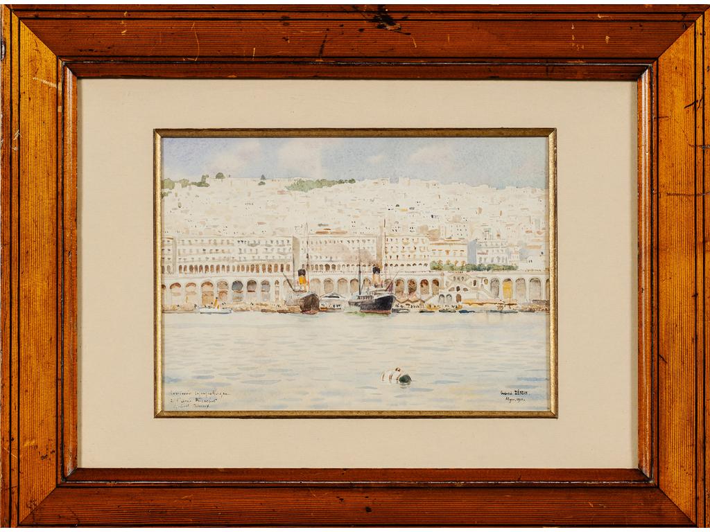Gabriel DENEUX (1856-1926) : Le port d'Alger. Aquarelle, signée en bas à droite, située, datée 1906 et dédicacée. Dimensions : 19 x 26 cm
