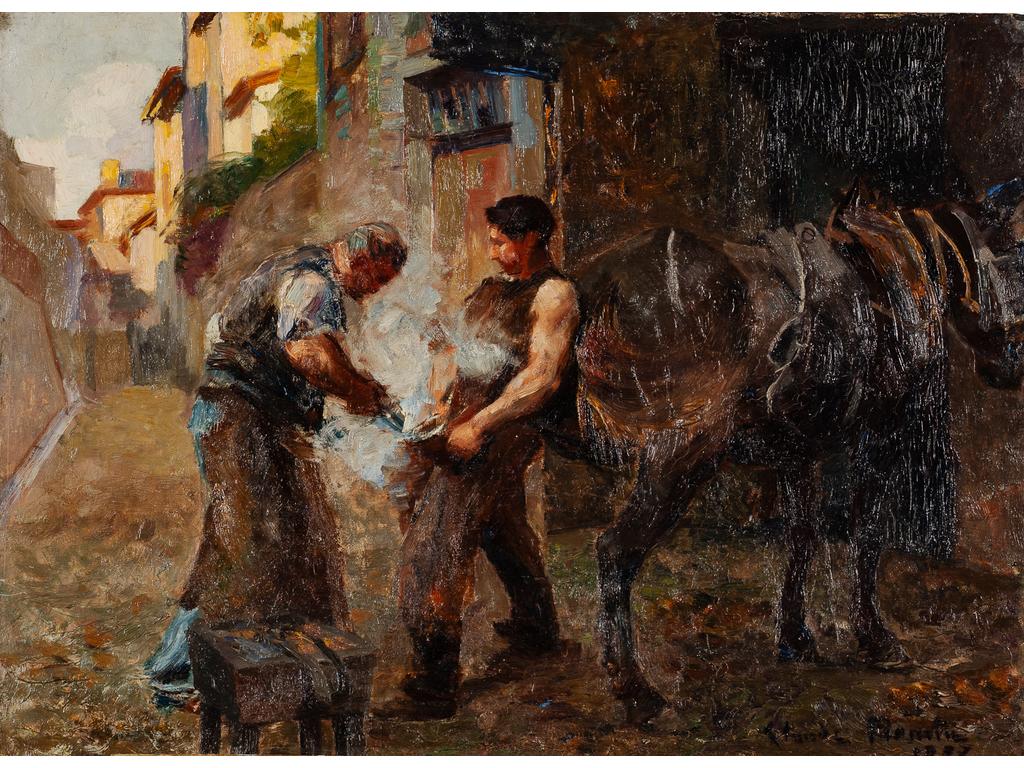 Claude FIRMIN (1864-1944) : Chez le maréchal ferrant. Huile sur panneau d'acajou, signée en bas à droite et datée 1907. (Sans cadre). (Infime éclat de bois à l'angle haut droite). Dim : 45 x 61 cm.