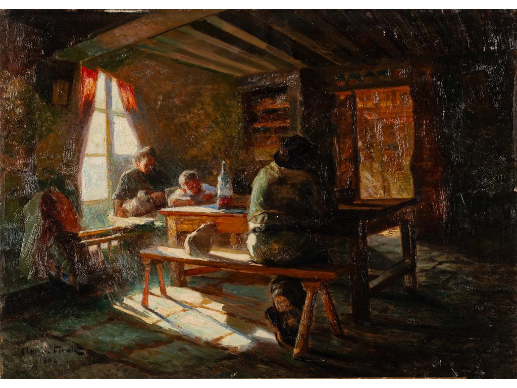Claude FIRMIN (1864-1944) : Intérieur paysan. Huile sur panneau d'acajou, signée en bas à gauche et datée 1904. (Sans cadre). Dim : 44.5 x 61 cm.