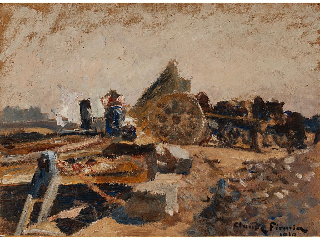 Claude FIRMIN (1864-1944) : La charrette attelée et travailleur. Huile sur carton signée en bas à droite et datée 1910. (Sans cadre).  Dim : 24 x 33 cm.