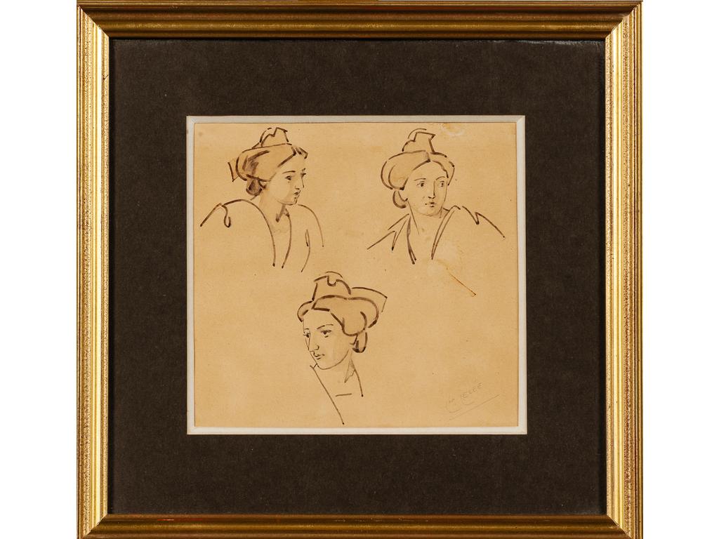 Léo LELEE (1872-1947) : Etude d'Arlésiennes. Dessin au lavis et aquarelle signé en bas à droite. Dim : 20 x 21 cm.