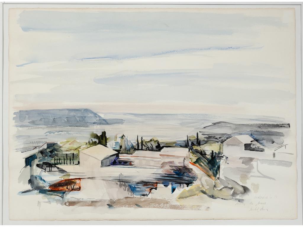 Michel STEINER (1934-2022) : Gordes, matin de mars. Aquarelle signée en bas à droite et située. (Petites tâches). Dim : 56 x 76 cm.