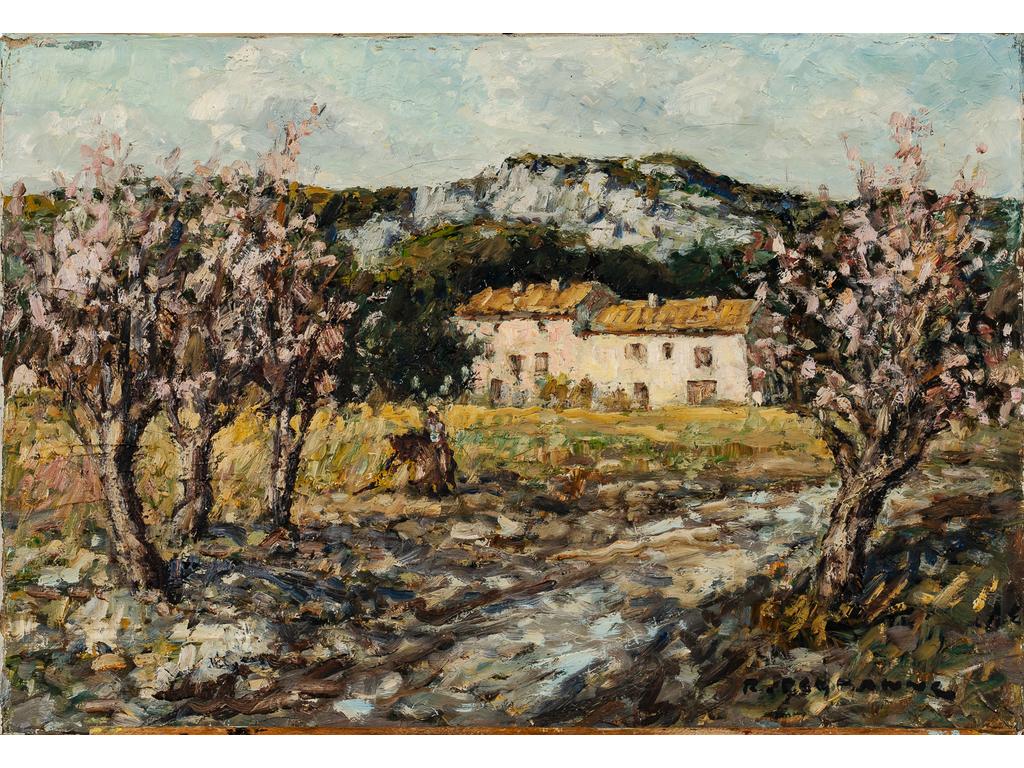 René PEYRANNE : Le mas au printemps. Huile sur toile, signée en bas à droite. Dim : 38 x 55 cm. (Sans cadre)