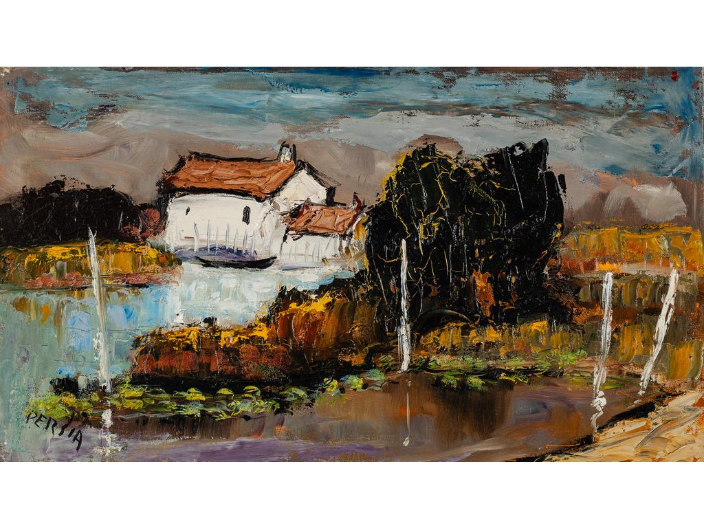 Alfred PERSIA (1933-2021) : Camargue. Huile sur toile, signée en bas à gauche. Dimensions : 27 x 46 cm. (Sans cadre et craquelures)