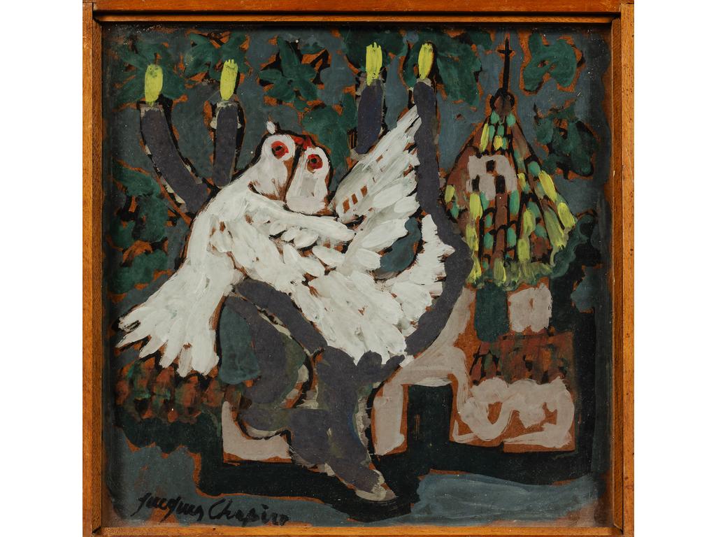 Jacques CHAPIRO (1887 1972) : Le baiser des colombes. Gouache sur isorel signée en bas à gauche. Dim : 36 x 36 cm.