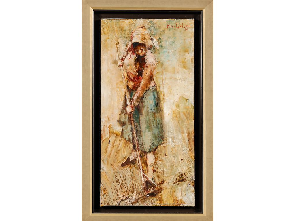 Michel DE GALLARD (1921-2007) : Femme travaillant aux champs. Huile sur toile, signée en haut à droite et datée 60. Dimensions : 60 x 30 cm