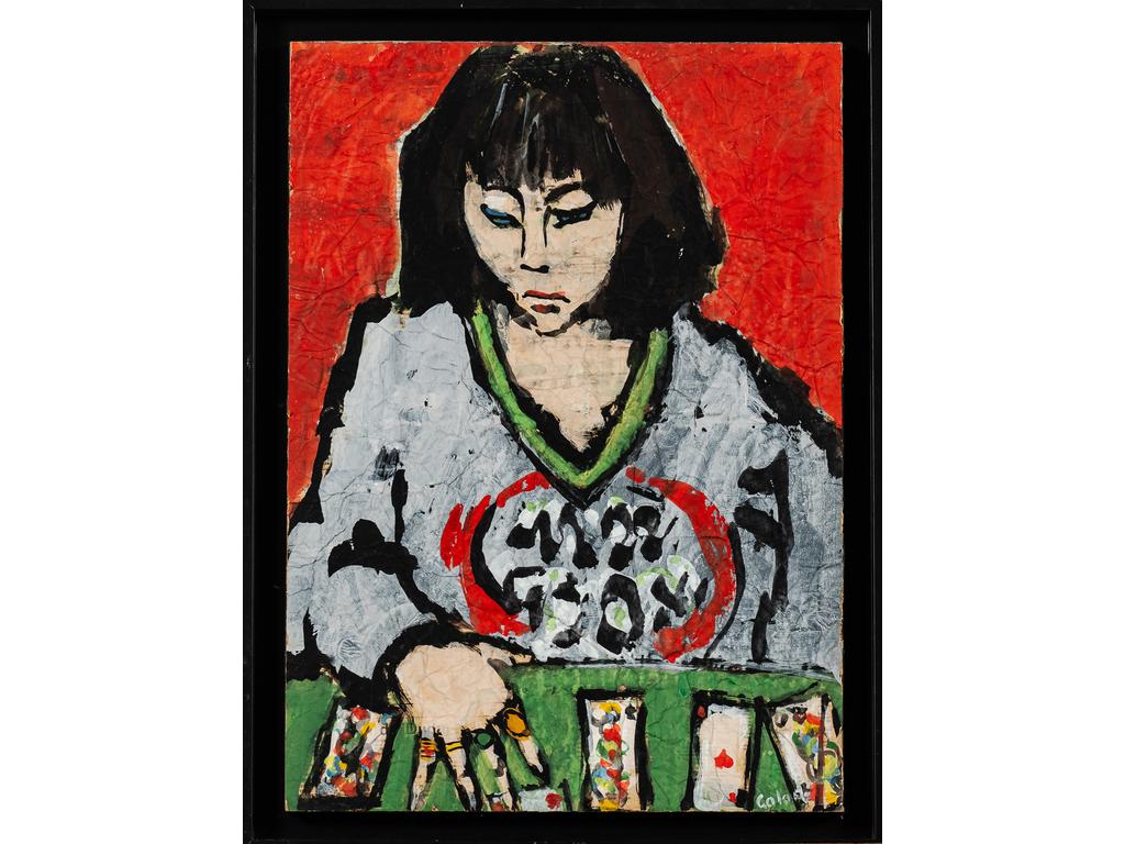 René GALANT (1914-1997) : La tireuse de cartes. Aquarelle et gouache sur papier froissé. Dimensions : 54 x 39 cm