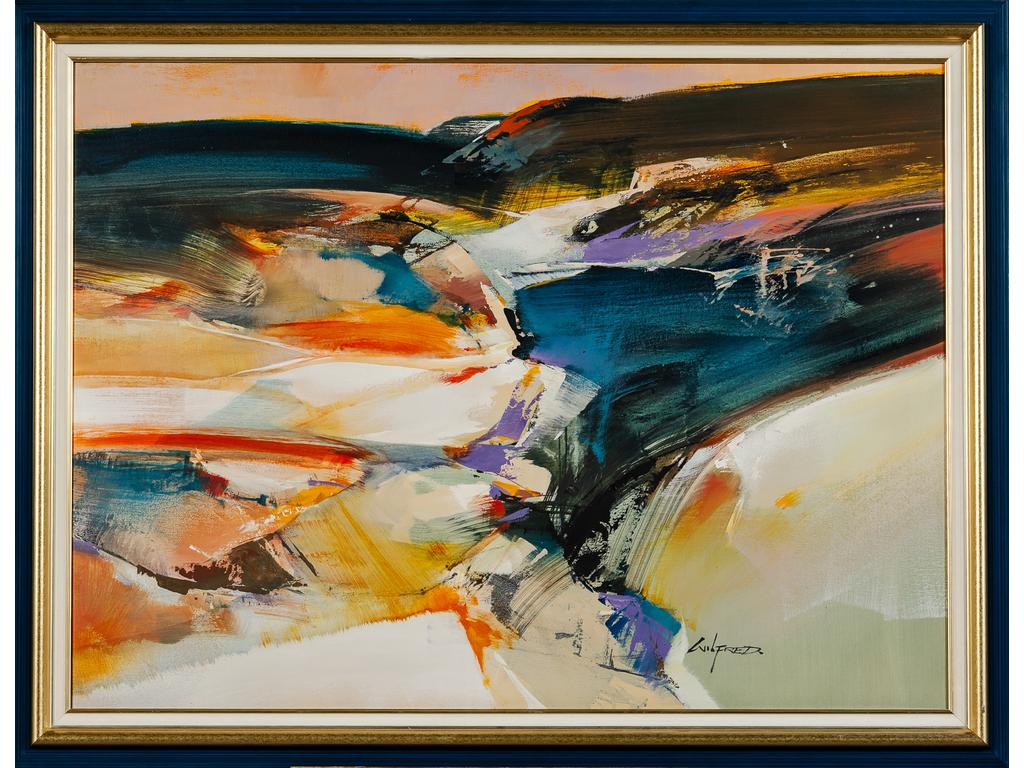 WIELFRED (1954) : Paysage. Acrylique sur toile signée en bas à droite. (infime saut de peinture). Dim : 76 x 102 cm.