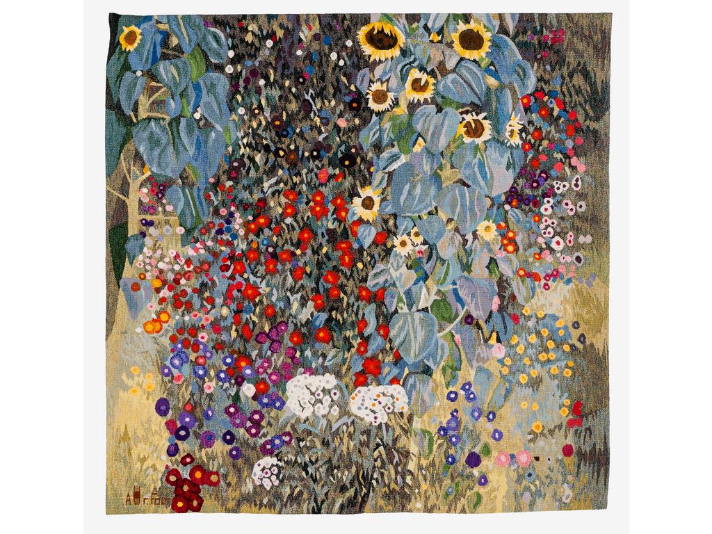 ATELIER Robert  FOUR, Aubusson : Jardin aux tournesols. Tapisserie en laine, tissée à la main. Numérotée 2/8. Signée de Robert FOUR dans la trame. Dim : 120 x 120 cm.
