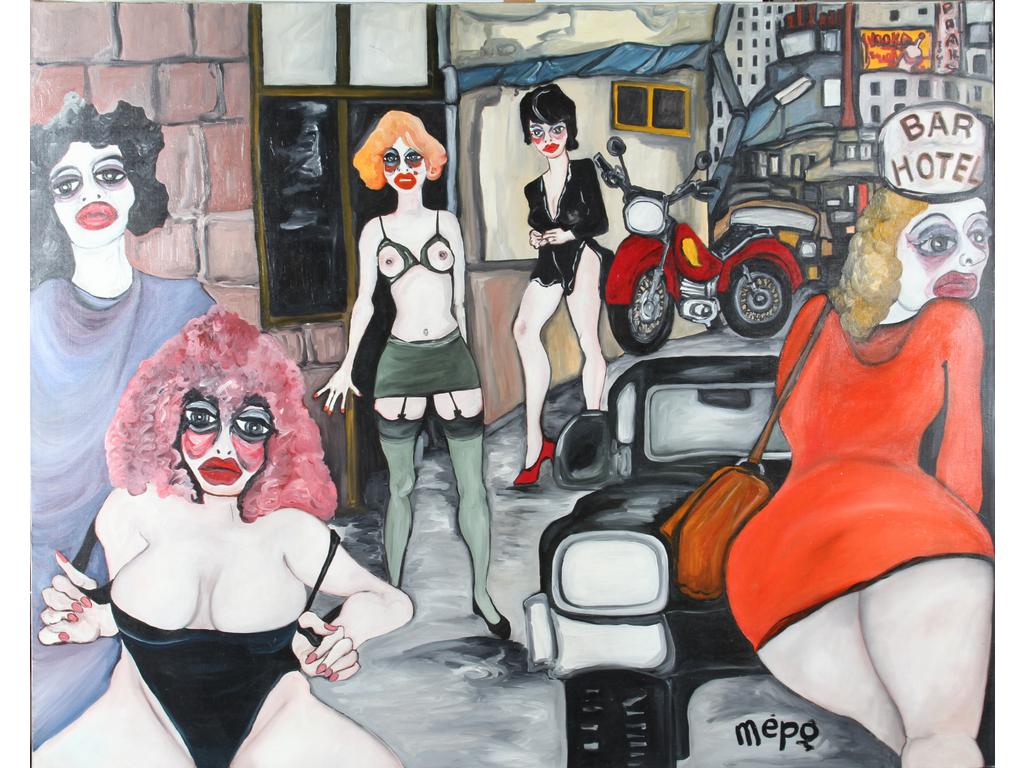 MEPO (Jean DORMANT alias) : La fille à la moto rouge. Grande toile, signée en bas à droite. Provenance vente succession du chanteur Christophe chez Me Cornette de Saint Cyr. Dimensions : 130 x 162 cm