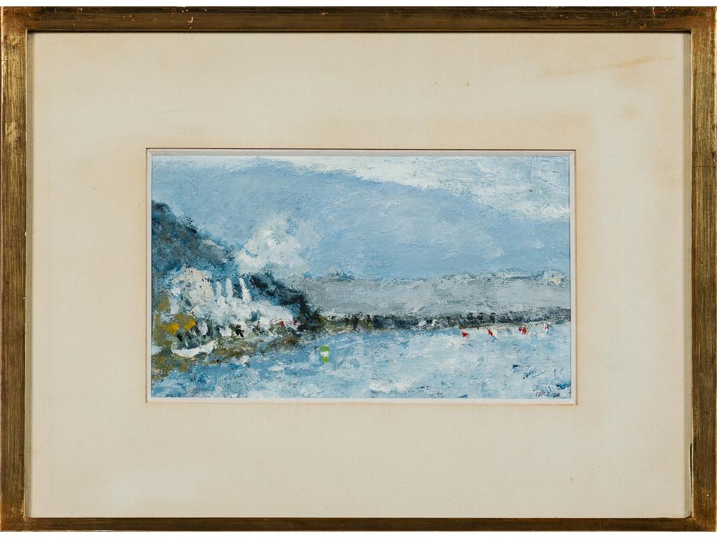 Michel MALY (1936-2018) : Bord de mer. Petite huile sur papier signée en bas à droite. Dim : 15 x 26 cm.