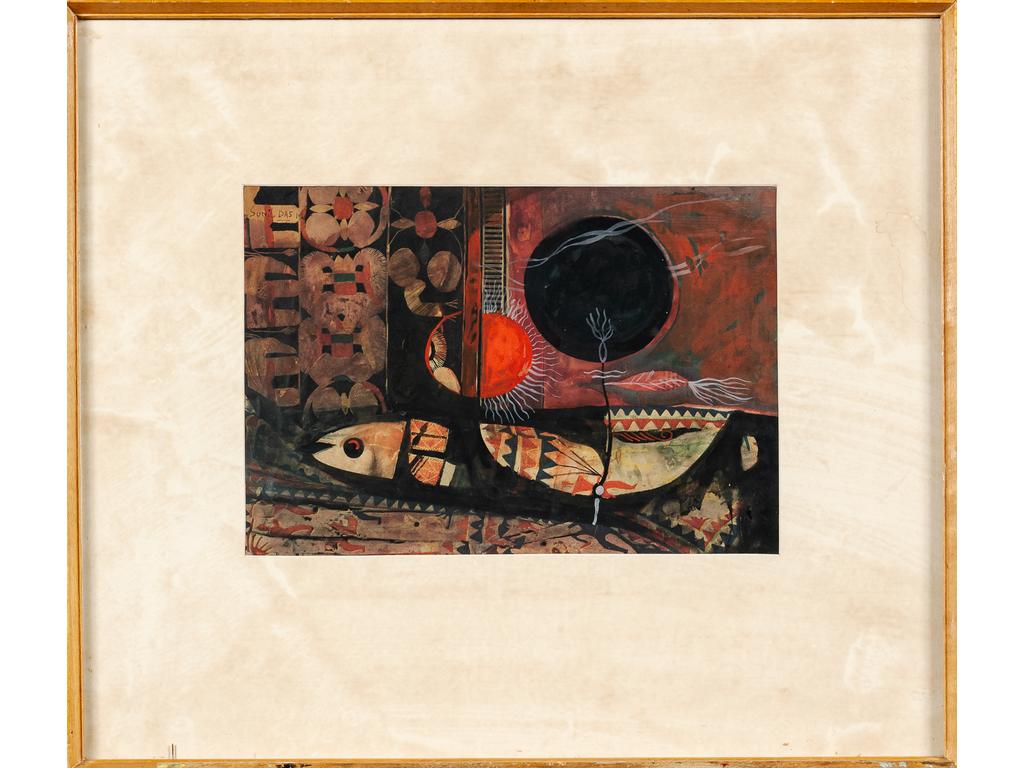 Sunil DAS (1939 2015) : Composition au poisson. Aquarelle gouachée signée en haut à gauche et datée 1965. Dim : 22.5 x 33 cm.