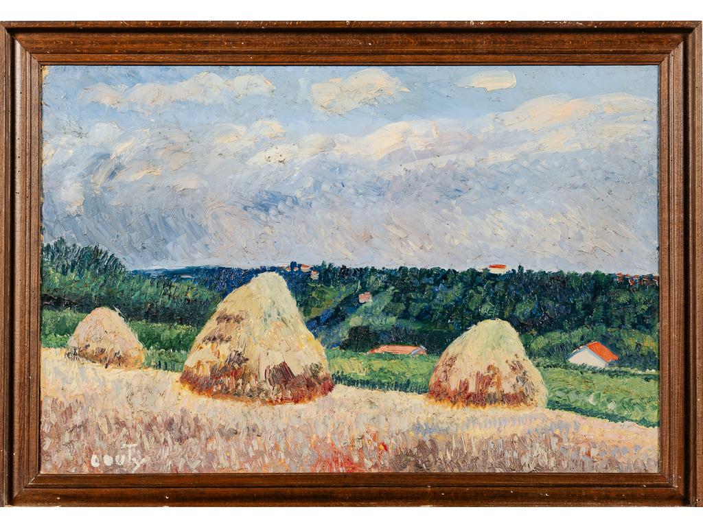 Jean COUTY (1907-1991) : Les meules de foin. Huile sur toile signée en bas à gauche. (Petit manque de peinture à l'angle en haut à gauche). Dim : 54 x 80 cm.