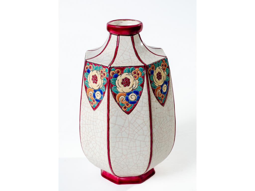 LONGWY : Joli vase en faïence craquelée, à décor aux émaux. Marqué, bon état. Epoque 1930. Hauteur : 26 cm.