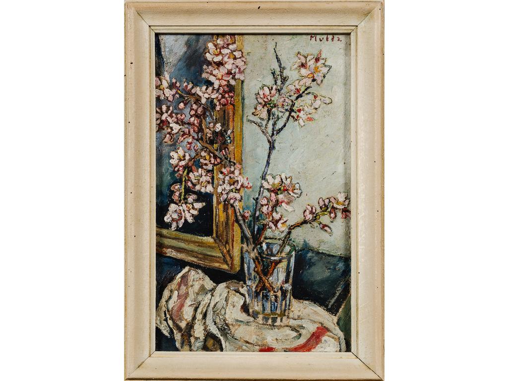Mela MUTER (1876-1967) : Bouquets aux amandiers en fleurs. Huile sur toile signée en haut à droite. (Craquelures). Dim : 55 x 33 cm.