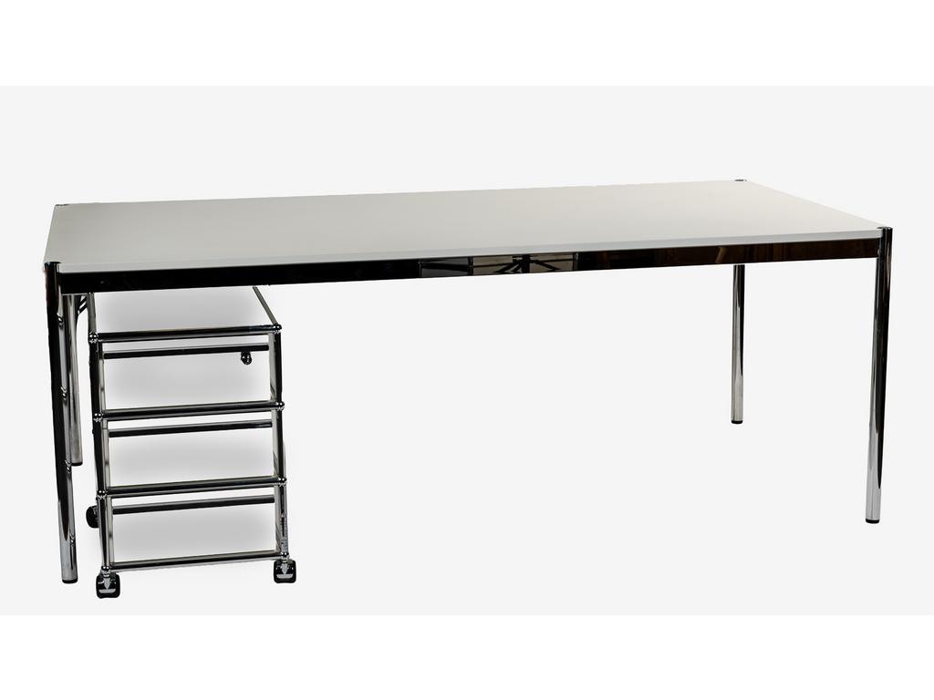 Fritz HALLER, Editions VSM HALLER : Grande table bureau. Plateau en bois stratifié blanc et pieds en métal chromé. Signé. Avec un bloc tiroir VSM Haller métallique à roulettes. Hauteur : 74 cm. Dim plateau : 200 x 100 cm.
