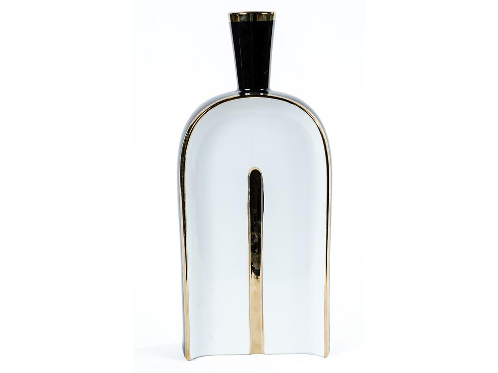 Vase contemporain en porcelaine blanche, noire et dorée. Bon état. Hauteur : 50 cm.