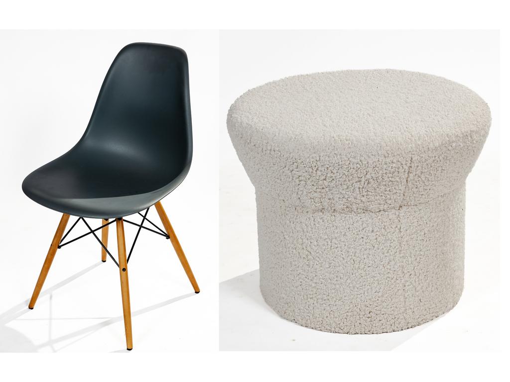 Charles EAMES - VITRA : 1 chaise DSR coque plastique gris. Pieds en bois et métal. On y joint un pouf. Dim : hauteur 40 cm, diam : 50 cm.
