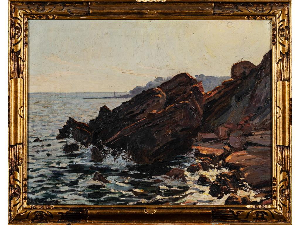 Victor CRUMIERE (1895-1950) : Bord de Méditerranée. Huile sur toile signée en bas à gauche. Dim : 50 x 65 cm.