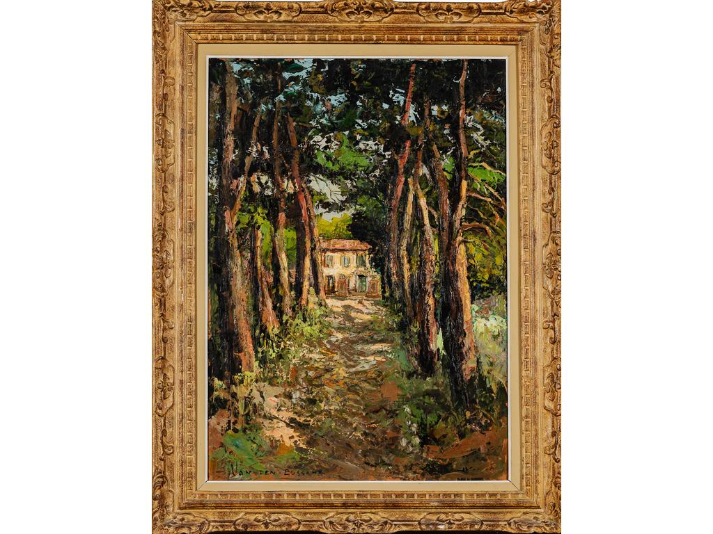Fernand VAN DEN BUSCHE (1892-1975) : L'allée d'arbres. Huile sur isorel signée en bas à droite. Dim : 92 x 65 cm.