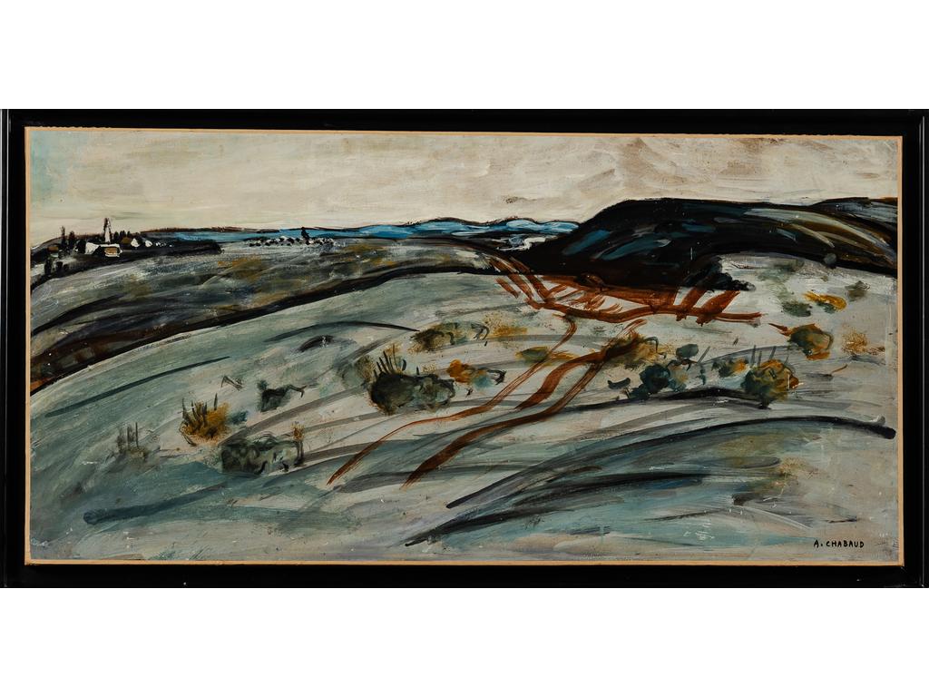 Auguste CHABAUD (1852-1955) : Paysage avec horizon. Huile sur carton, signée en bas à droite. Dim : 52.5 x 105.5 cm. (éraflures). Avec étiquette d'atelier et numéro d'inventaire
